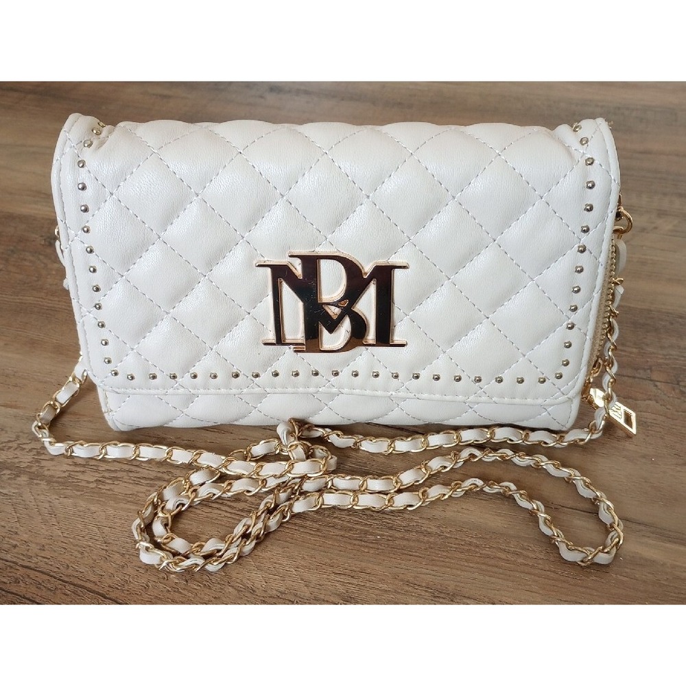 Badgley Mischka Vegan Leather Quilted Crossbody Bag W/Gold Accents Stone Beige